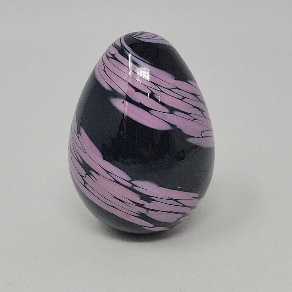 OBG Pink Black Egg Paperweight Signed 1993 Vintage 3.25" Ornamental Blown Glass